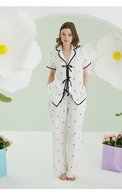 NBB Ekru Kurdele Önden Bağlamalı Pijama Takımı