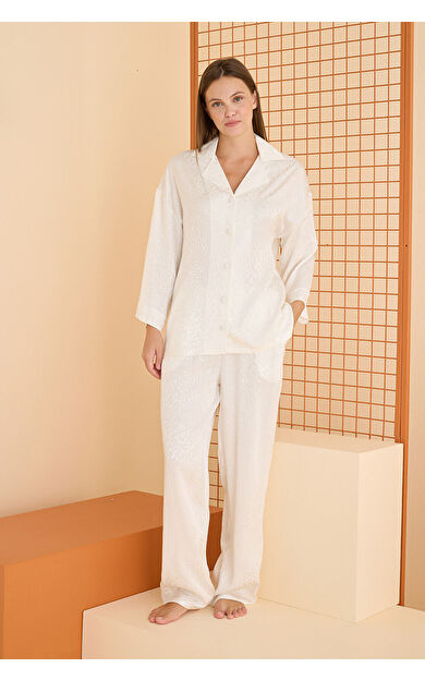 NBB Ekru Önden Düğmeli Pijama Takım