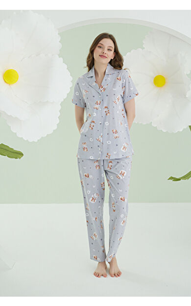 NBB Gri Bear Heart Star Önden Düğmeli Pijama Takımı