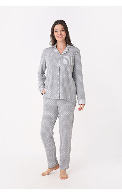 Gri Önden Düğmeli Pijama Takım