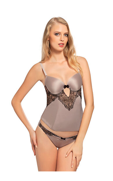 Gri Siyah Dantel Detaylı Büstiyer Takım