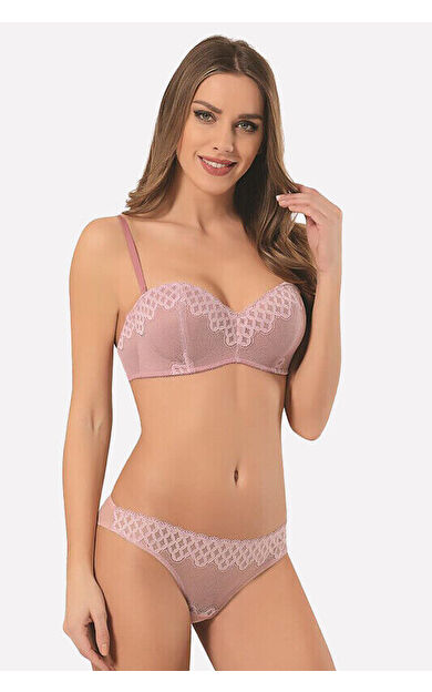 NBB Gül Kurusu Desteksiz Straplez Sütyen Külot Takım