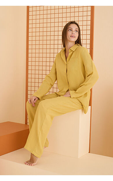 NBB Hardal Müslin Önden Düğmeli Cepli Pijama Takımı