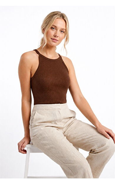 Kahverengi Halter Yaka Fitilli Seamless Body