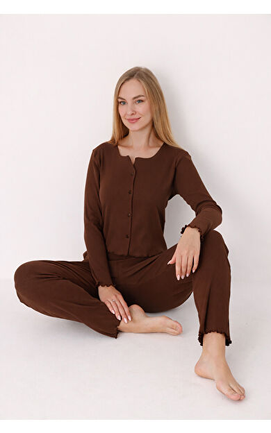 Kahverengi Önden Düğmeli Pijama Takımı
