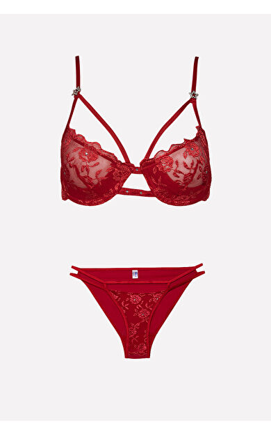 NBB Kırmızı Taşlı Dantel Sütyen Külot  Takım