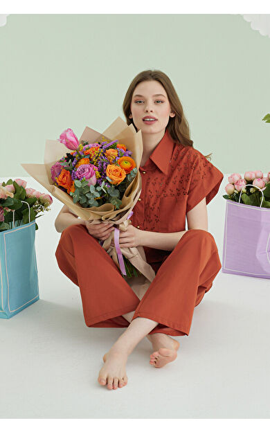 NBB Kiremit Hole Önden Düğmeli Pijama Takımı