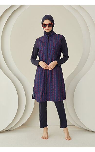 NBB Lacivert Çizgi Desenli Dokuma Tesettür Mayo