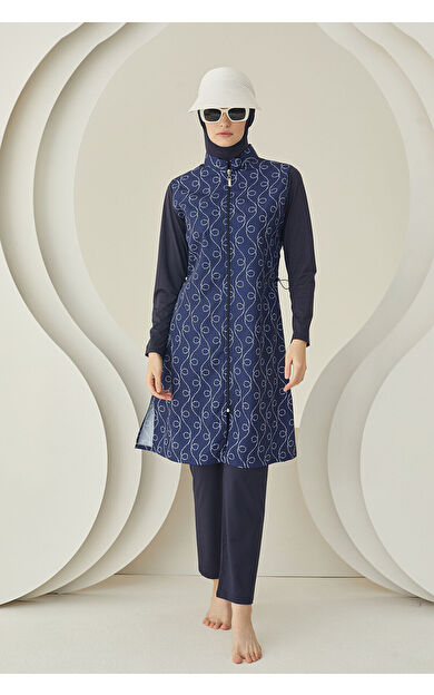 NBB Lacivert İp Desenli Dokuma Tesettür Mayo