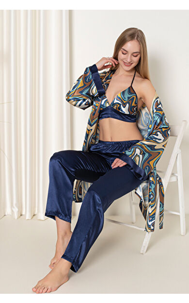 NBB Lacivert Saten Büstiyer Gecelik Takım