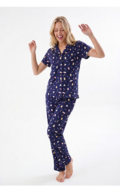 Lacivert Sweet Dreams Önden Düğmeli Pijama Takımı