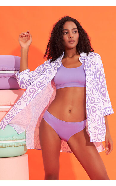 NBB Lila Desenli Keten Elbise Pareo