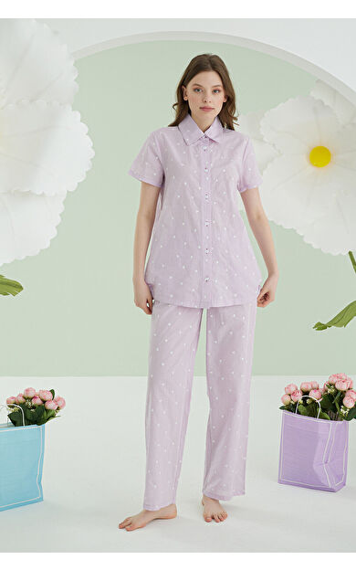 Lila Kalpli Önden Düğmeli Pijama Takım