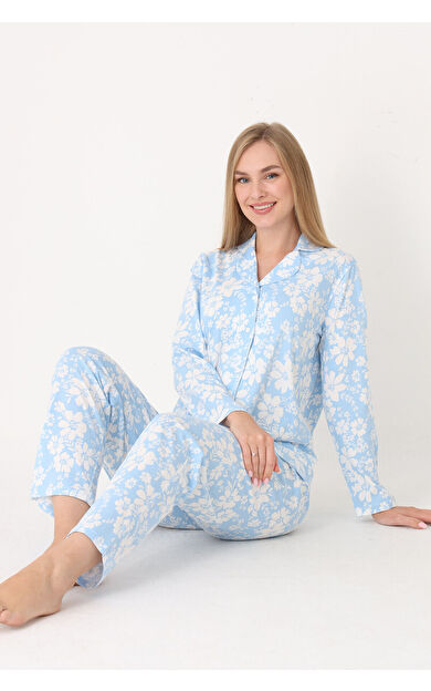 NBB Mavi Flower Effect Önden Düğmeli Pijama Takımı