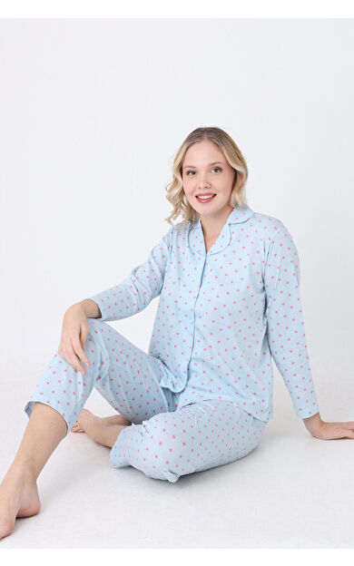 Mavi Hearts Önden Düğmeli Pijama Takım