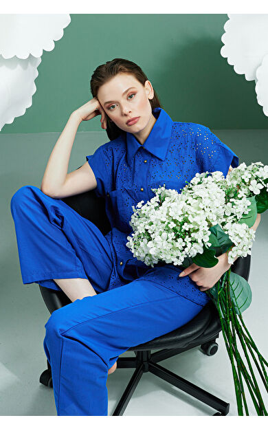 Mavi Hole Önden Düğmeli Pijama Takımı