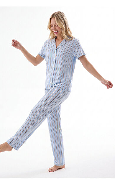 Mavi Kahverengi Çizgili Önden Düğmeli Pijama Takımı