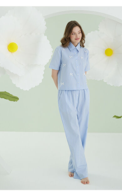 NBB Mavi Kurdele Önden Düğmeli Pijama Takım