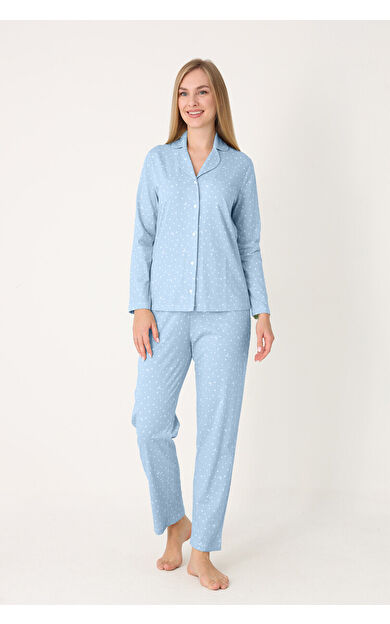 Mavi Moon And Stars Önden Düğmeli Pijama Takım