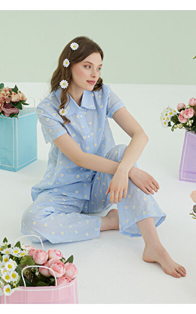 NBB Mavi Papatyalı Önden Düğmeli Pijama Takımı