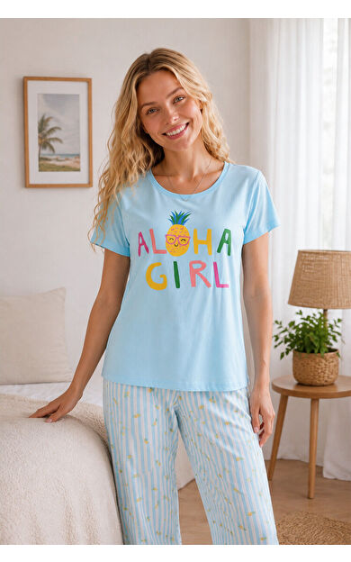 Mavi Pineapple Bisiklet Yaka Pijama Takımı