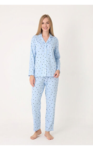 Mavi Pointel Önden Düğmeli Pijama Takım