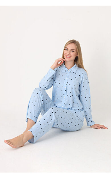 Mavi Polka Dot Önden Düğmeli Pijama Takım