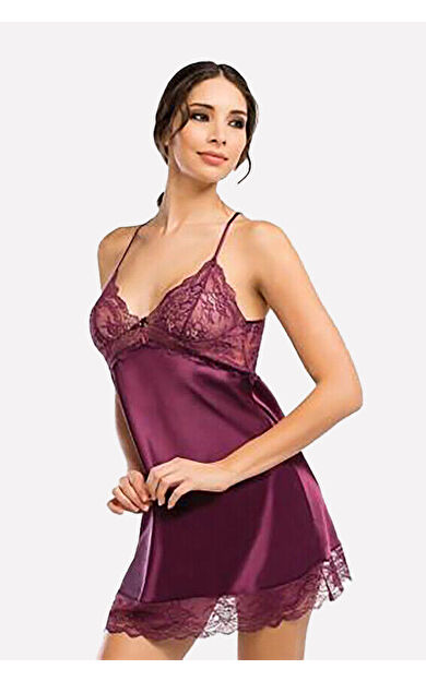 NBB Mürdüm İp Askılı Dantel Detaylı Saten Tek Gecelik