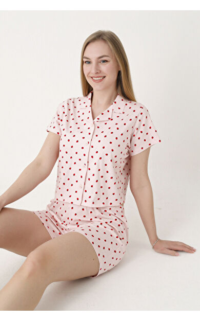 NBB Pembe Berry Şortlu Crop Önden Düğmeli Pijama Takımı