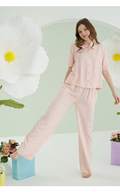 NBB Pembe Çizgili Önden Düğmeli Pijama Takımı
