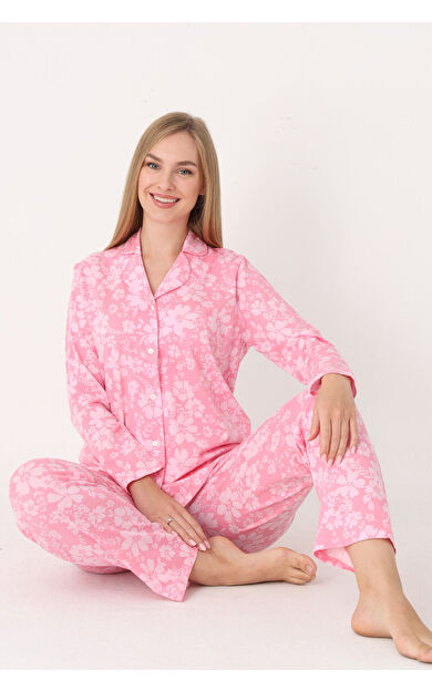 NBB Pembe Flower Effect Önden Düğmeli Pijama Takımı
