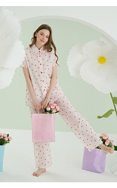 Pembe Kalpli Önden Düğmeli Pijama Takım