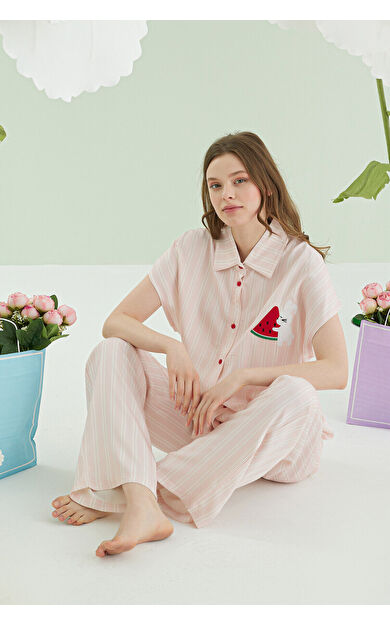 NBB Pembe Karpuz Desenli Önden Düğmeli Pijama Takım