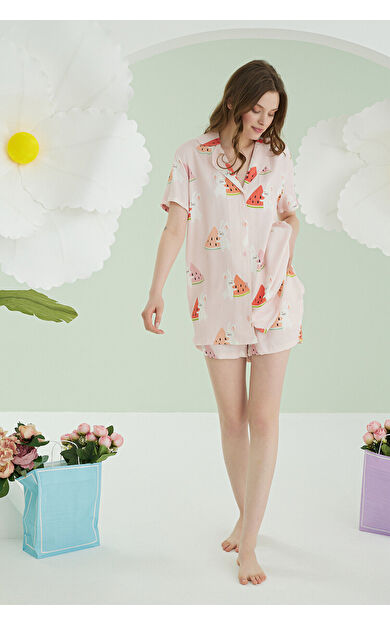 NBB Pembe  Karpuz Önden Düğmeli Şortlu Pijama Takımı