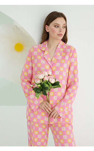 NBB Pembe Papatya Çiçekli Önden Düğmeli Pijama Takımı