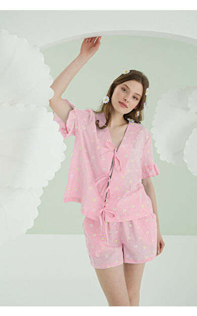 NBB Pembe Papatya Şortlu Önden Bağlamalı Pijama Takımı