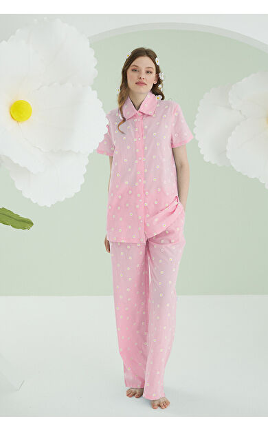 NBB Pembe Papatyalı Önden Düğmeli Pijama Takımı