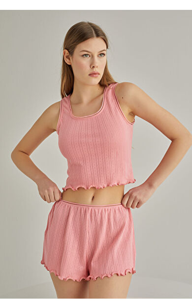 NBB Pembe Self Patterned Crop Şort Takım