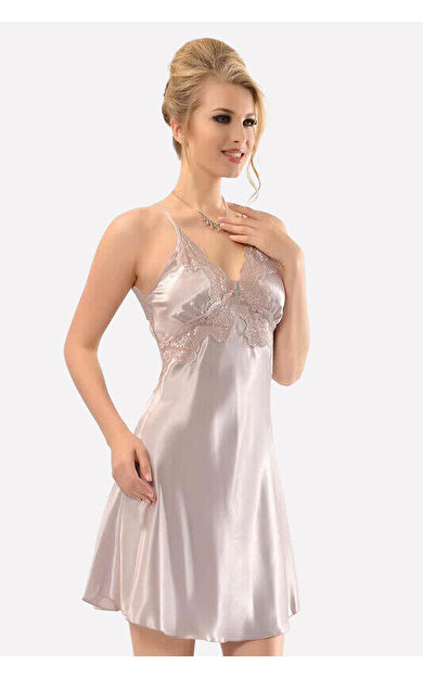 Pudra Saten Sırt Dekolteli Gecelik