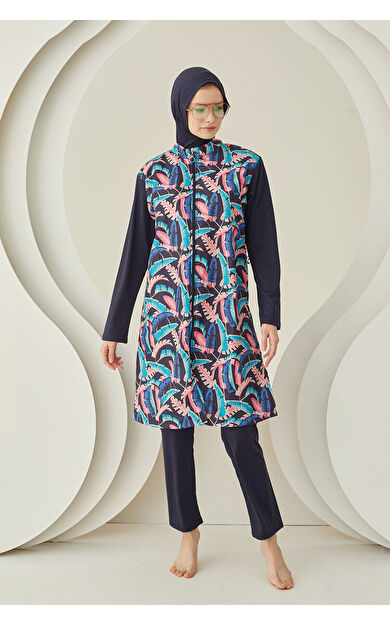NBB Renkli Yaprak Desenli Dokuma Tesettür Mayo