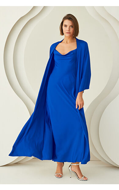 Saks Mavi Uzun Saten Sabahlık