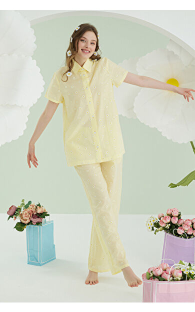 NBB Sarı Papatyalı Önden Düğmeli Pijama Takımı
