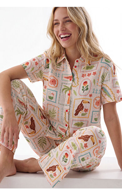 Sarı Seaside Önden Düğmeli Pijama Takım
