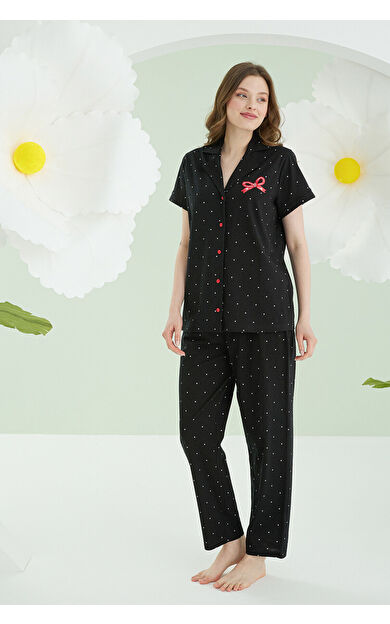 NBB Siyah Bow Önden Düğmeli Pijama Takımı