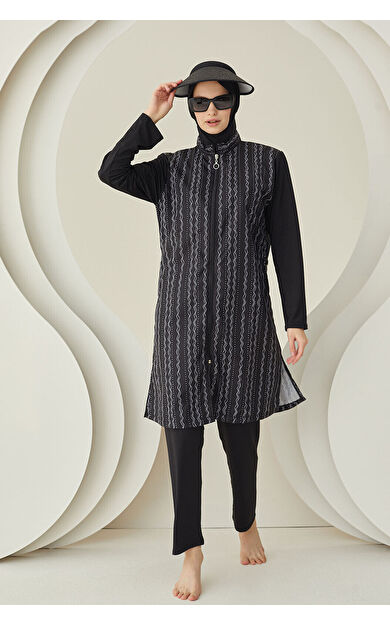 NBB Siyah Çizgi Desenli Dokuma Tesettür Mayo