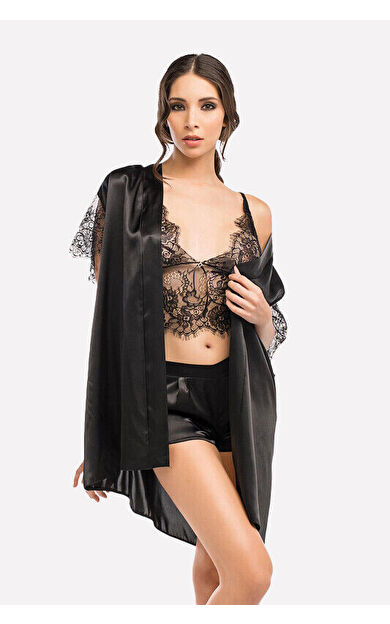 NBB Siyah Dantelli Saten Şortlu Sabahlık Takımı