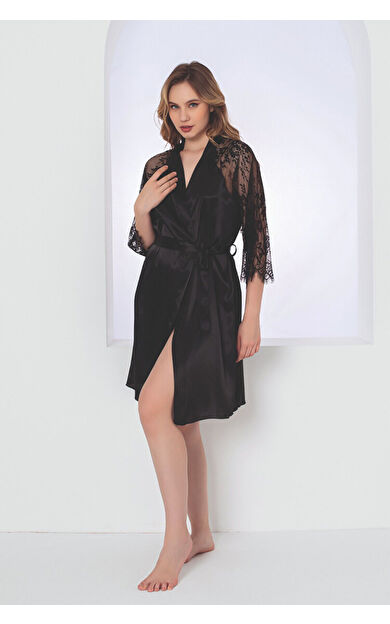 NBB Siyah Gardenia Lacy Saten Tek Sabahlık