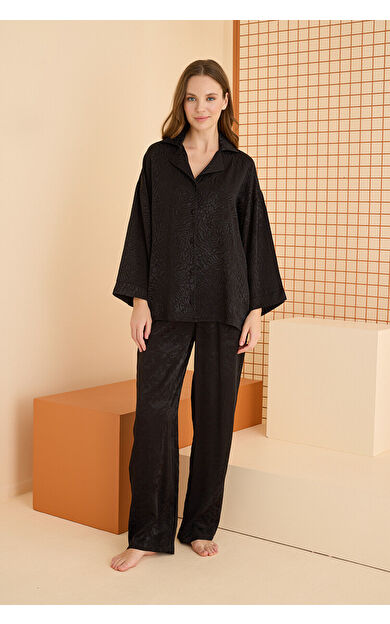 NBB Siyah Önden Düğmeli Pijama Takım