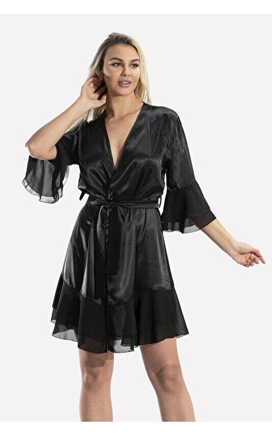 NBB Siyah Saten Tüllü Sabahlık