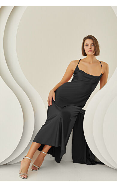 NBB Siyah Silky Saten Uzun Tek Gecelik